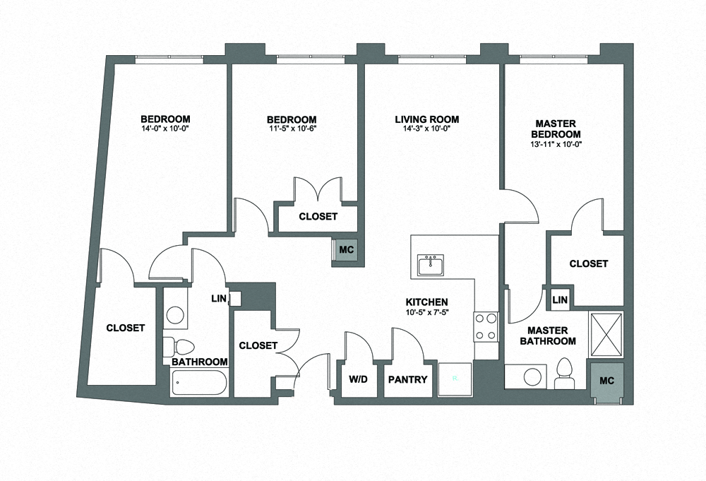 Floor plan for 3 beds, 2 baths, 1318 sqft
